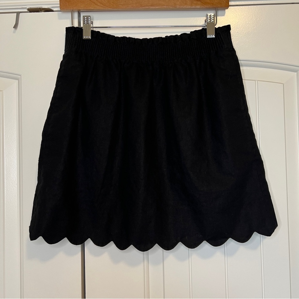 J. Crew Factory Black Scalloped Hem Elastic Waist Linen Blend Aline Skirt sz 6 - Picture 2 of 8